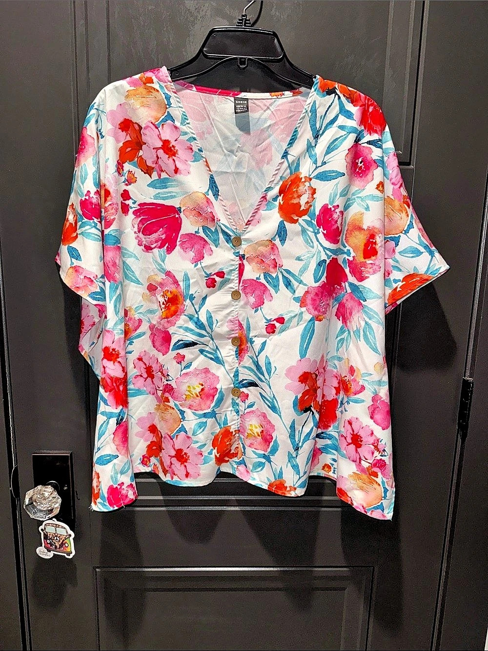 SHEIN Floral Print Button Front Shirt White & Pink Like New